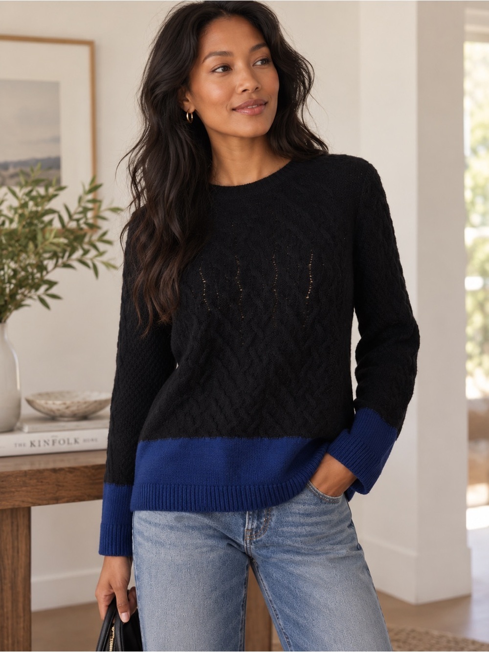 Vince Women’s S Black Navy Cable Knit Colorblock Wool Alpaca Blend Sweater